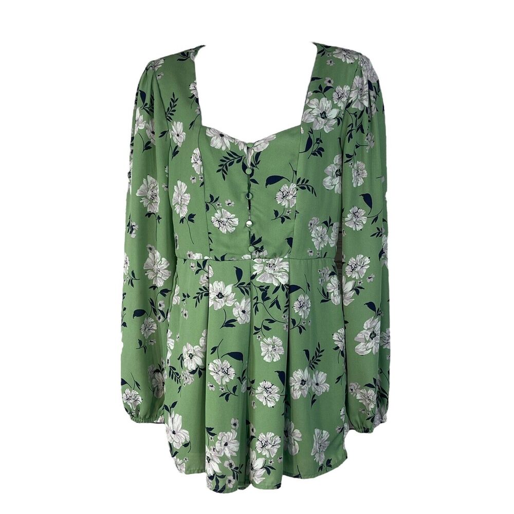 Mi Ami Small Romper Shorts Floral Pleated Square Neck Long Sleeve Lined Keyhole